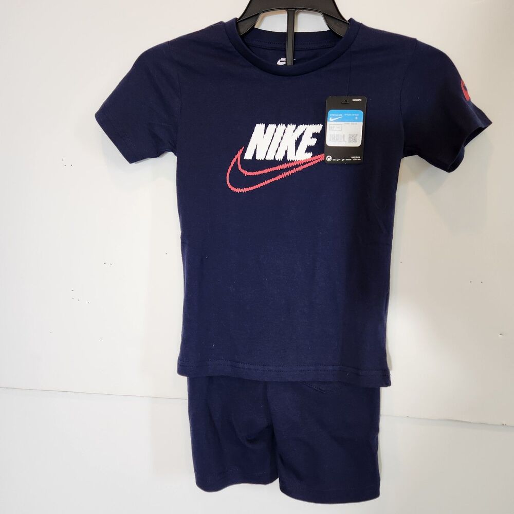 Nike Girl's or Boys Youth 2-Piece Set T-Shirt Shorts Small 3-4 Yrs Blue Spellout